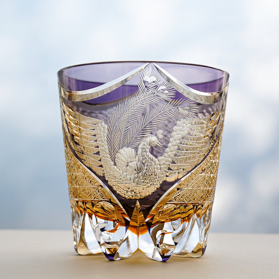 Whiskey Glass Edo Kiriko Handcrafted Dancing Phoenix with Wooden Gift Box