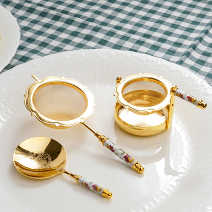 Japanese Tea Strainer Set | Porcelain Gold Floral Collection