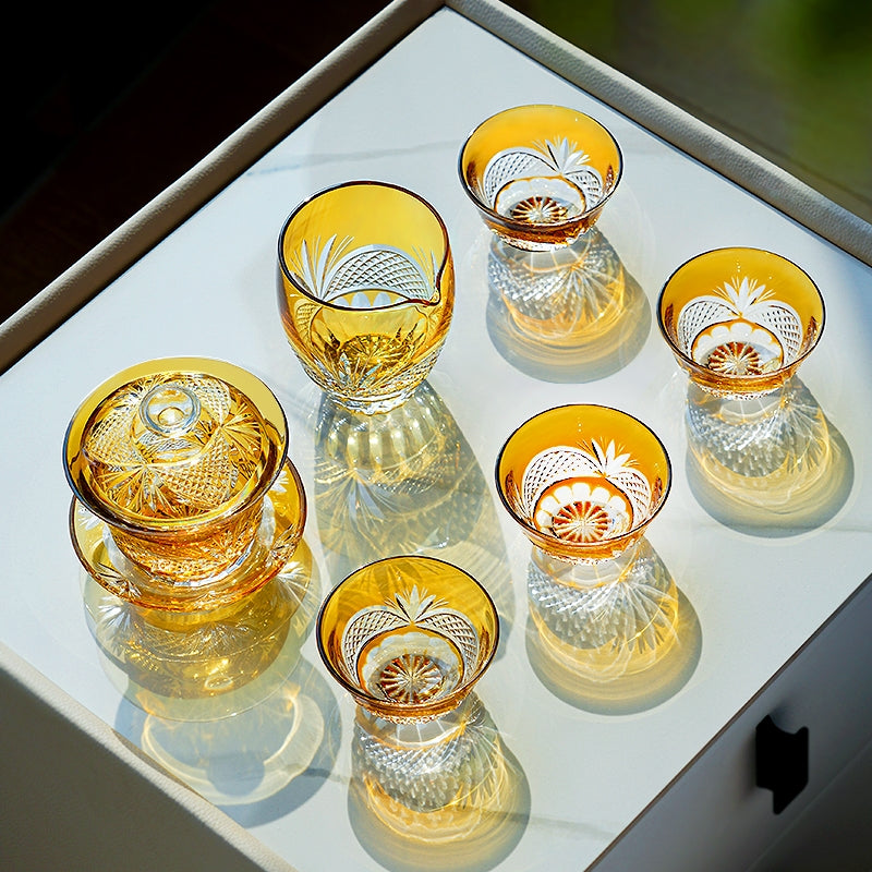 Tea Set Handcrafted Amber Glass Chrysanthemum Engraved Japanese Tea Ceremony Set Artisan Teacup Gift