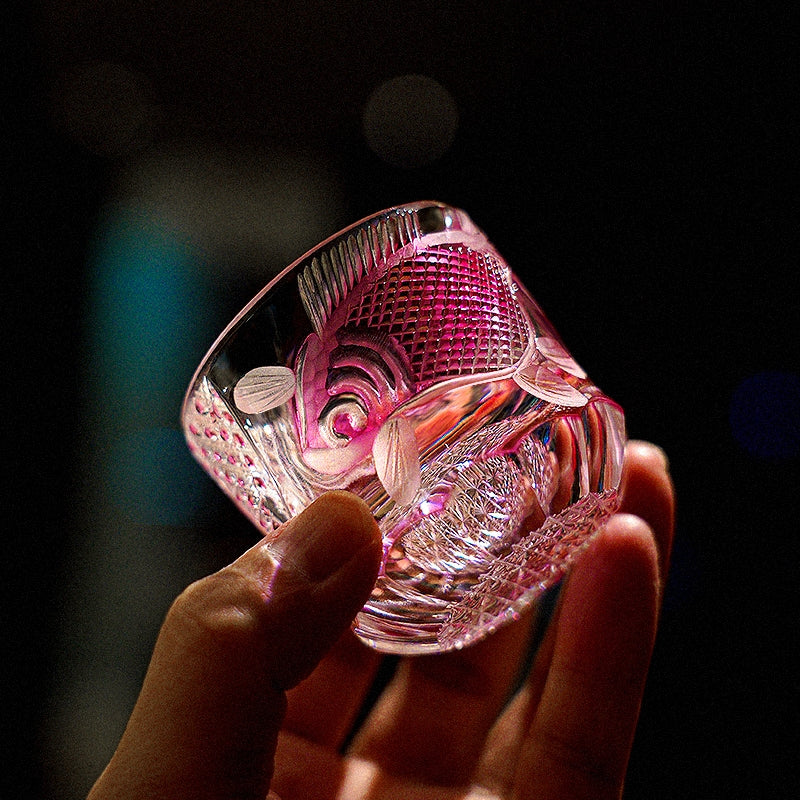 Whiskey Glass Rose Koi | Edo Kiriko Handcrafted Red Crystal Barware