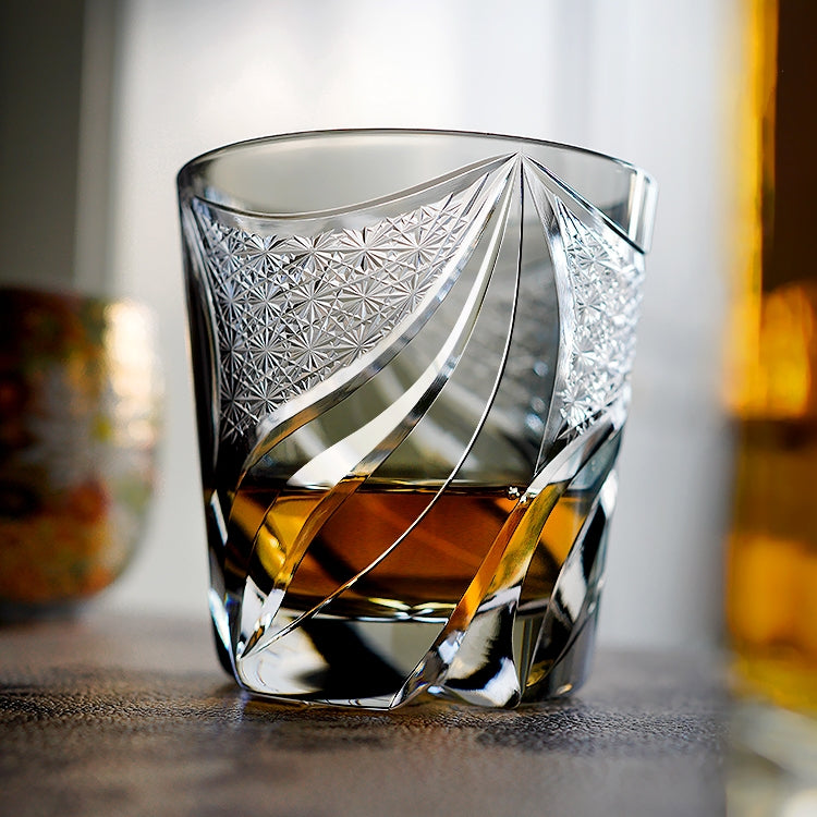 Whisky Rocks Glass Edo Kiriko Inkstone Flame Hand-Cut Crystal | Japanese Artisan Glassware