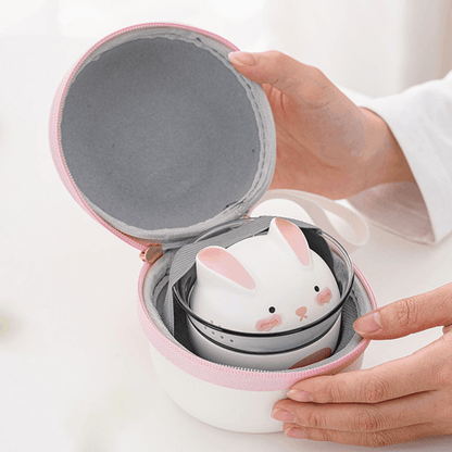 Tea Set Ceramic Bunny Teapot & Cups with Leather Carrying Case – Cute Gift Set
