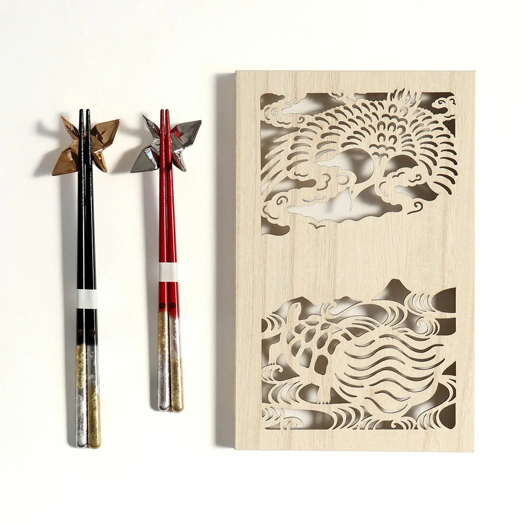 Gold Silver Chopsticks Gift Set | Lacquer Crane Wedding Couple