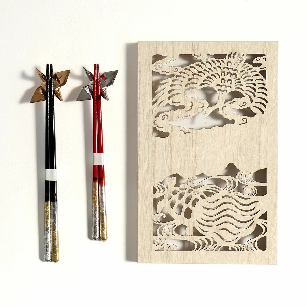 Gold Silver Chopsticks Gift Set | Lacquer Crane Wedding Couple