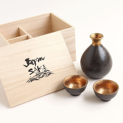 Japanese Sake Set – Kinsai Gold Interior Charcoal Wooden Box