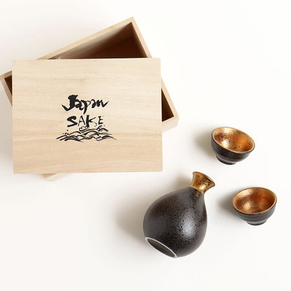 Japanese Sake Set – Kinsai Gold Interior Charcoal Wooden Box