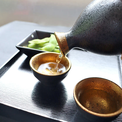 Japanese Sake Set – Kinsai Gold Interior Charcoal Wooden Box