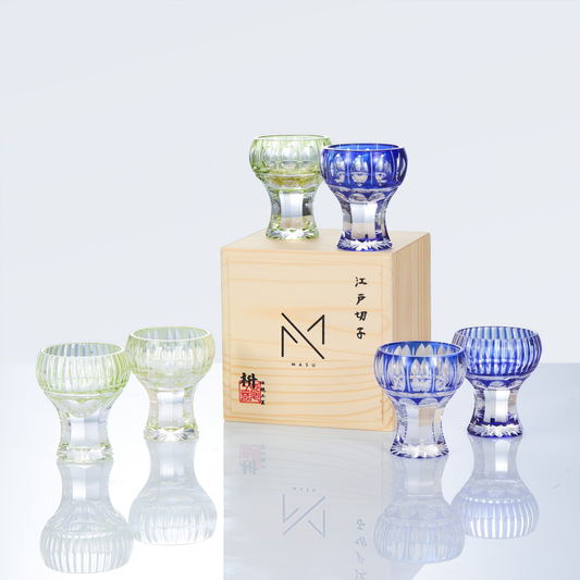 Sake Cup Edo Kiriko Kinpu Hand-Cut Crystal | Tama Tate-Suji Ruri Blue Olive Green Japanese Glassware