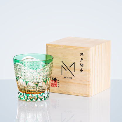 Whiskey Glass Edo Kiriko Handcrafted Emerald Prism with Wooden Gift Box