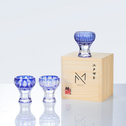 Sake Cup Edo Kiriko Kinpu Hand-Cut Crystal | Tama Tate-Suji Ruri Blue Olive Green Japanese Glassware