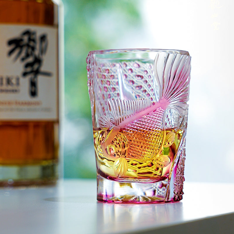 Handcrafted Whiskey Glass Rose Koi | Edo Kiriko Pink Koi Fish Crystal