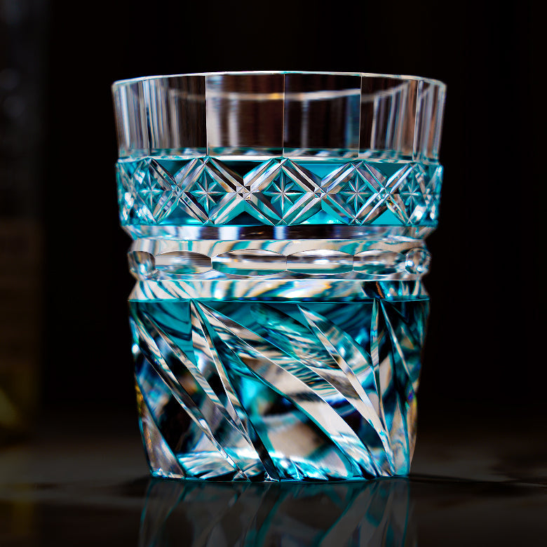 Whiskey Glass Edo Kiriko Aozora Kaze – Hand-Cut Azure Blue Japanese Tumbler with Wooden Box
