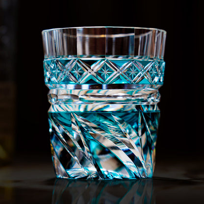 Whiskey Glass Edo Kiriko Aozora Kaze – Hand-Cut Azure Blue Japanese Tumbler with Wooden Box