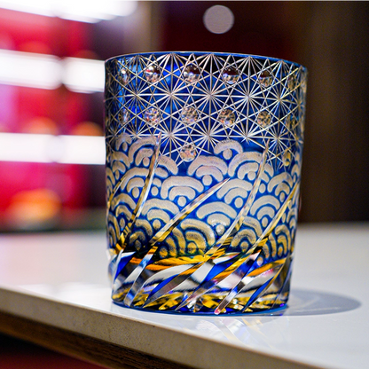 Whiskey Glass Edo Kiriko Blue Amber – Hand-Cut Japanese Tumbler with Wooden Box | Blue Chrysanthemum & Starry Sea