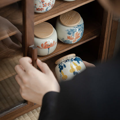Ceramic Tea Caddy – Hand-Painted Porcelain Tea Canister with Wood Ash Glaze, 6 Styles | Tea Storage Jar