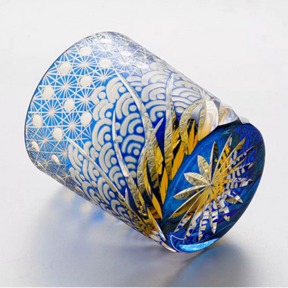 Whiskey Glass Edo Kiriko Blue Amber – Hand-Cut Japanese Tumbler with Wooden Box | Blue Chrysanthemum & Starry Sea