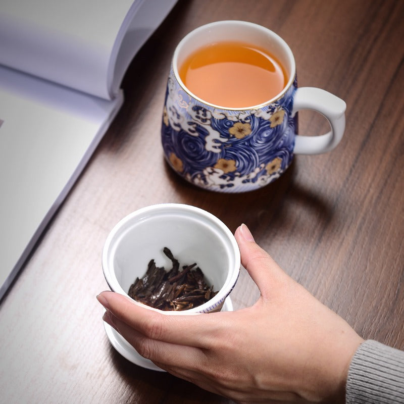 Tea Cup with Infuser Sea Wave Enamel Porcelain 400ml
