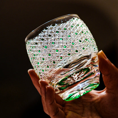 Whiskey Glass Edo Kiriko Celestial Green Starburst – Hand-Cut Chrysanthemum Japanese Tumbler with Wooden Box