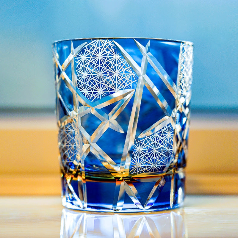 Whiskey Glass Edo Kiriko Handcrafted Crane Lightning with Wooden Gift Box