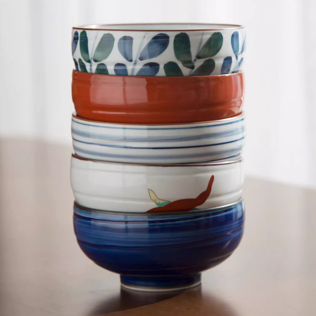 Bowl Set Arita Ware Shikayama Hand-Painted Japanese Ceramic Rice Bowl Set of 5 Wooden Box Made in Japan