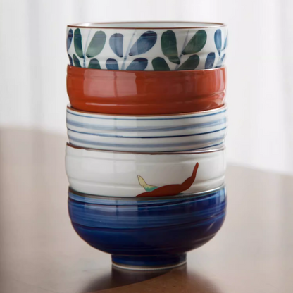 Bowl Set Arita Ware Shikayama Hand-Painted Japanese Ceramic Rice Bowl Set of 5 Wooden Box Made in Japan