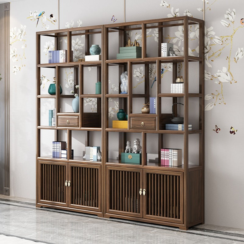 Solid Elm Wood Display Cabinet — Tenon-Mortise Curio Shelf