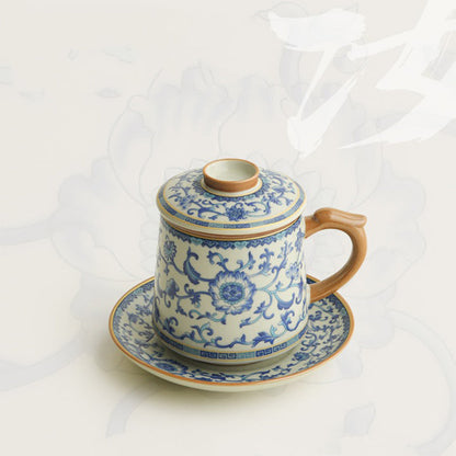 Ruyao Tea Cup Blue White Lotus 400ml Ceramic Filter Gift Box
