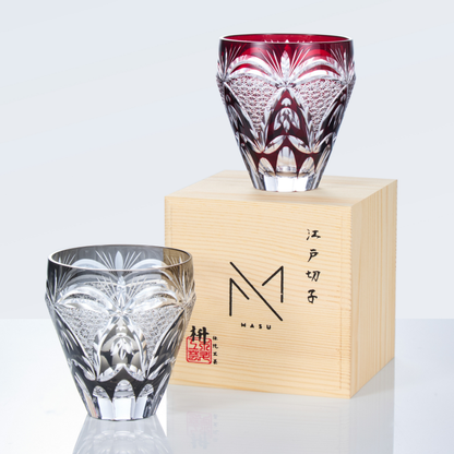 Kiriko Whiskey Glass Edo Kohaku Sakura Chrysanthemum Hand-Cut Crystal | Red Grey Japanese Glassware
