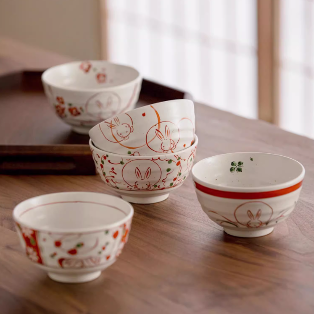 Japanese Ceramic Bowl Set of 5 – Mino Ware Rabbit Design