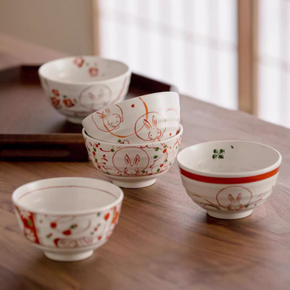 Japanese Ceramic Bowl Set of 5 – Mino Ware Rabbit Design