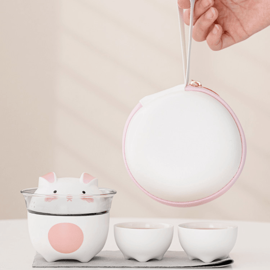 Tea Set Ceramic Bunny Teapot & Cups with Leather Carrying Case – Cute Gift Set