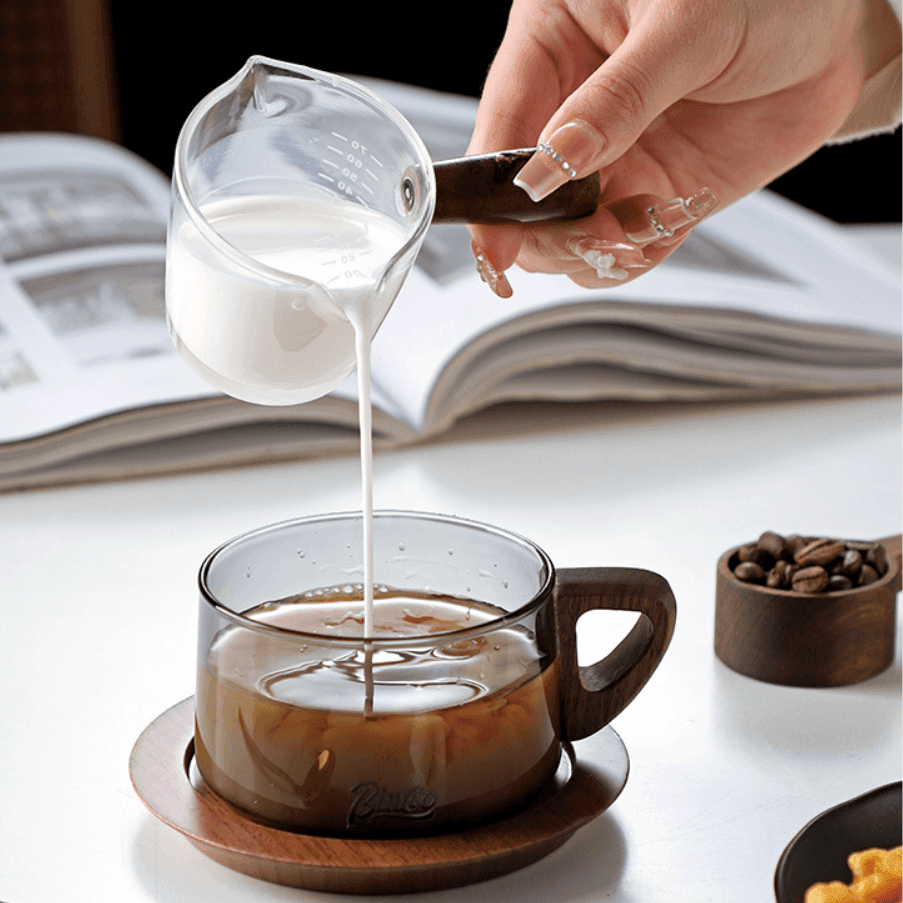 Glass Coffee Mug | Wood Handle Clear Glass Cup & Walnut Tray Set