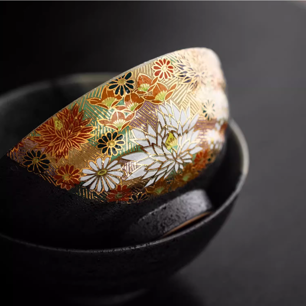 Japanese Couple Rice Bowl Set – Kutaniyaki Gold Floral Meoto