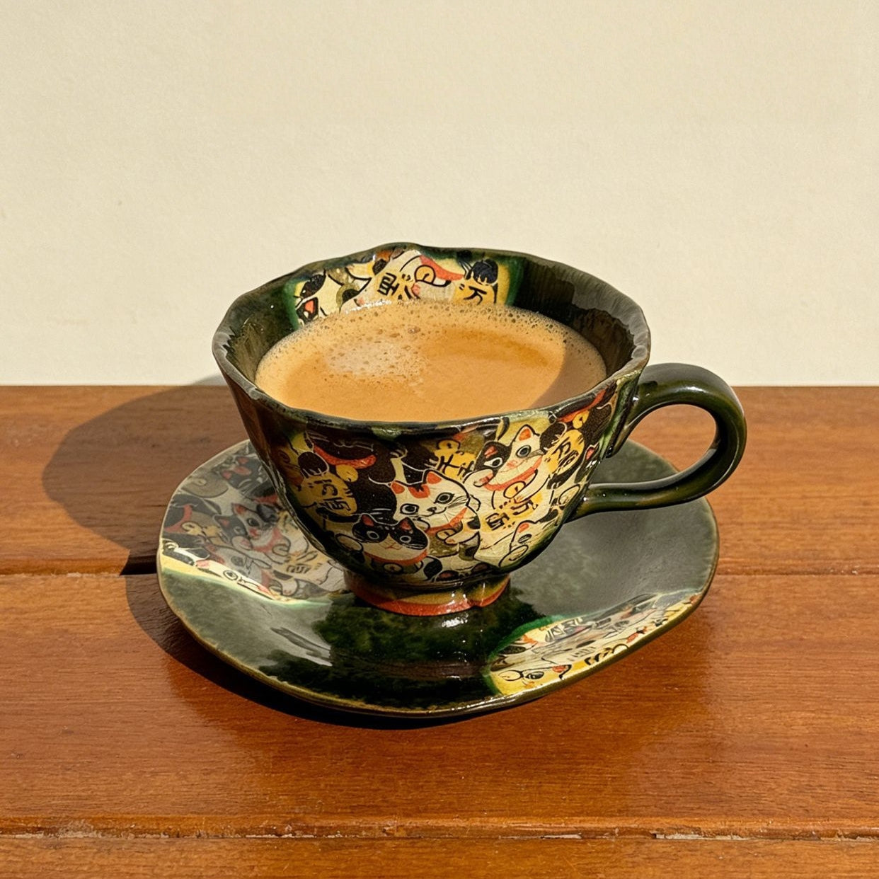 Coffee Cup & Saucer Set – Mino Ware Lucky Cat Oribe Green