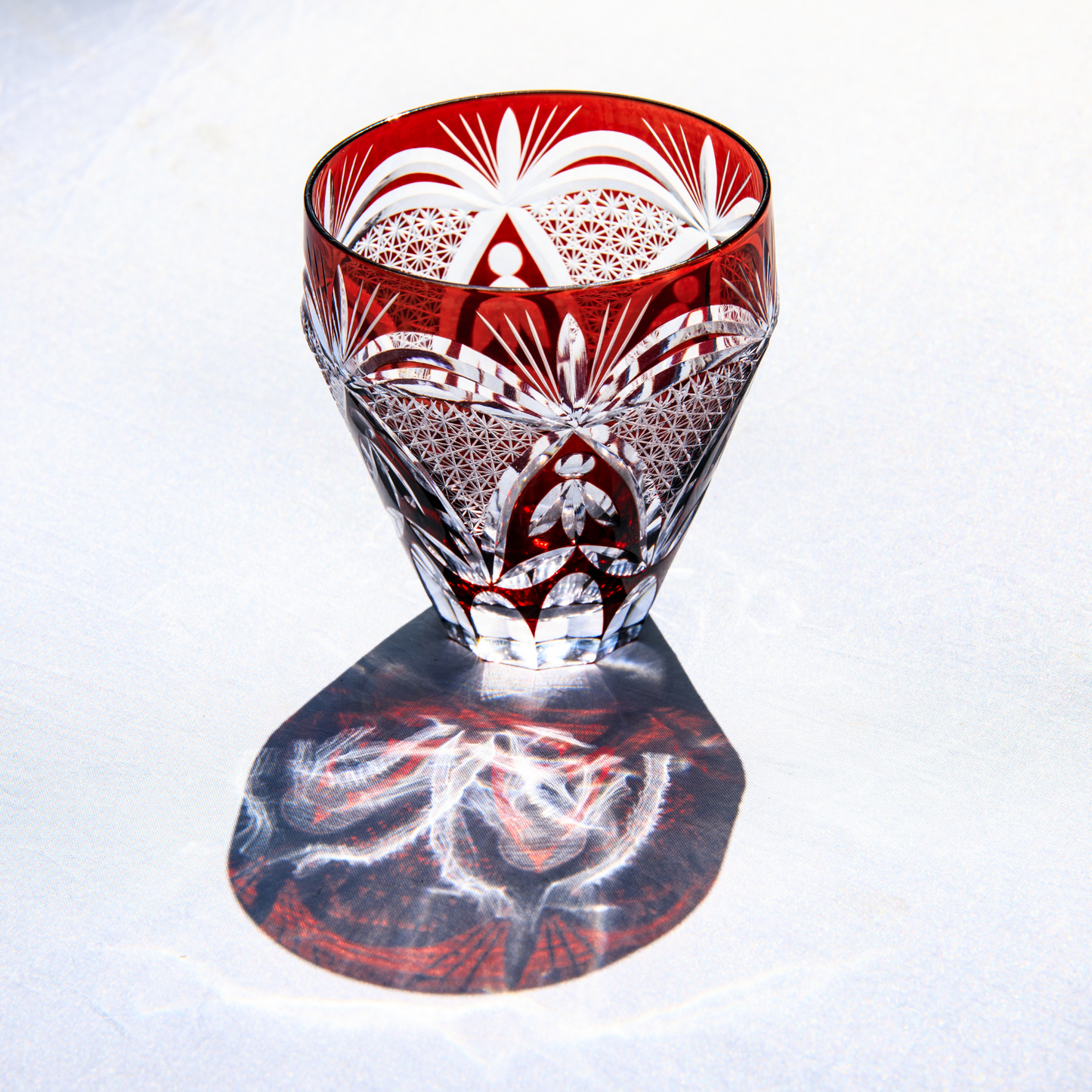 Kiriko Whiskey Glass Edo Kohaku Sakura Chrysanthemum Hand-Cut Crystal | Red Grey Japanese Glassware