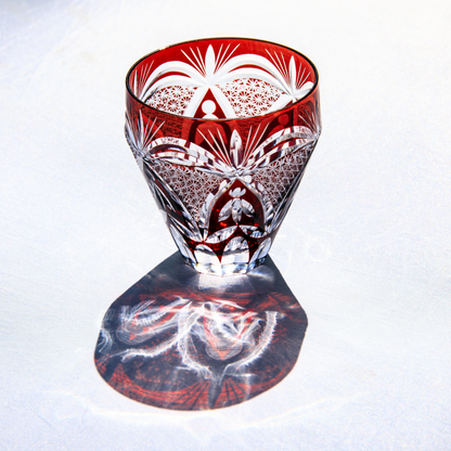 Kiriko Whiskey Glass Edo Kohaku Sakura Chrysanthemum Hand-Cut Crystal | Red Grey Japanese Glassware