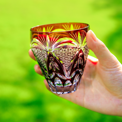 Kiriko Whiskey Glass Edo Kohaku Sakura Chrysanthemum Hand-Cut Crystal | Red Grey Japanese Glassware