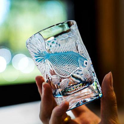 Whiskey Glass Edo Kiriko Azure Koi – Hand-Cut Koi Fish Japanese Tumbler with Wooden Box