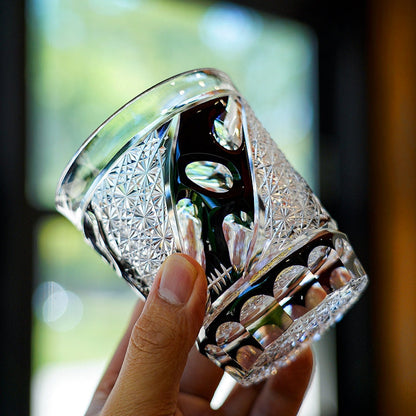 Crystal Whiskey Glass Midnight Asanoha | Edo Kiriko Handcrafted Hemp Leaf Pattern