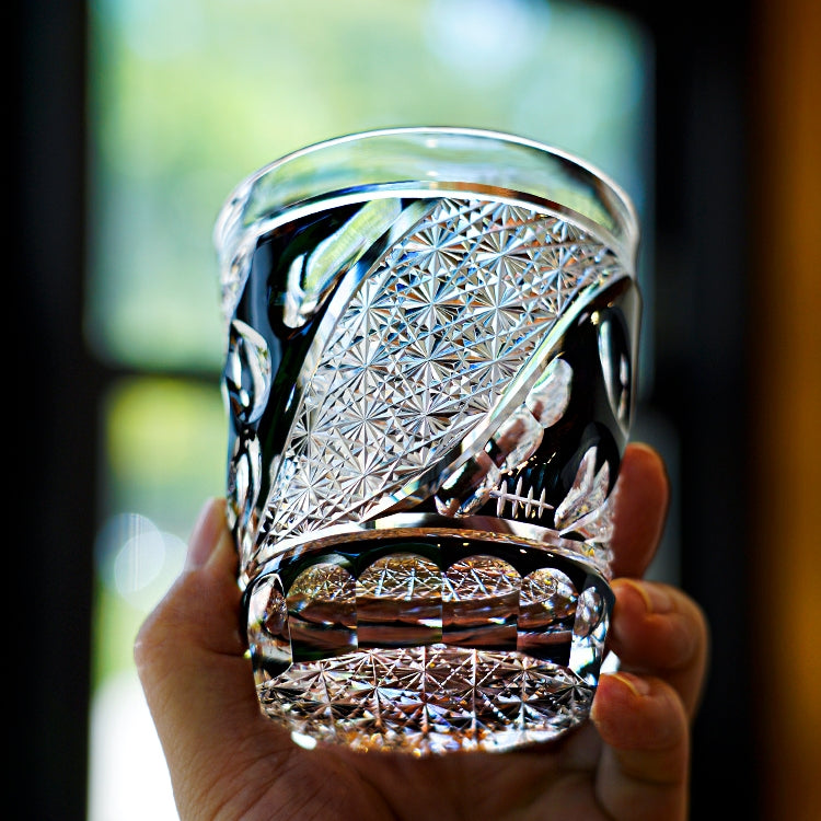 Crystal Whiskey Glass Midnight Asanoha | Edo Kiriko Handcrafted Hemp Leaf Pattern