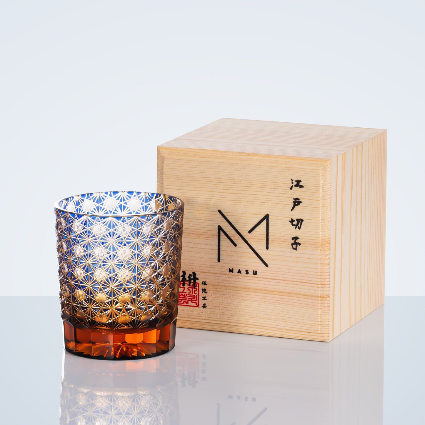 Whiskey Glass Edo Kiriko Star Chrysanthemum – Hand-Cut Japanese Tumbler with Wooden Box | Blue Amber & Red Amber