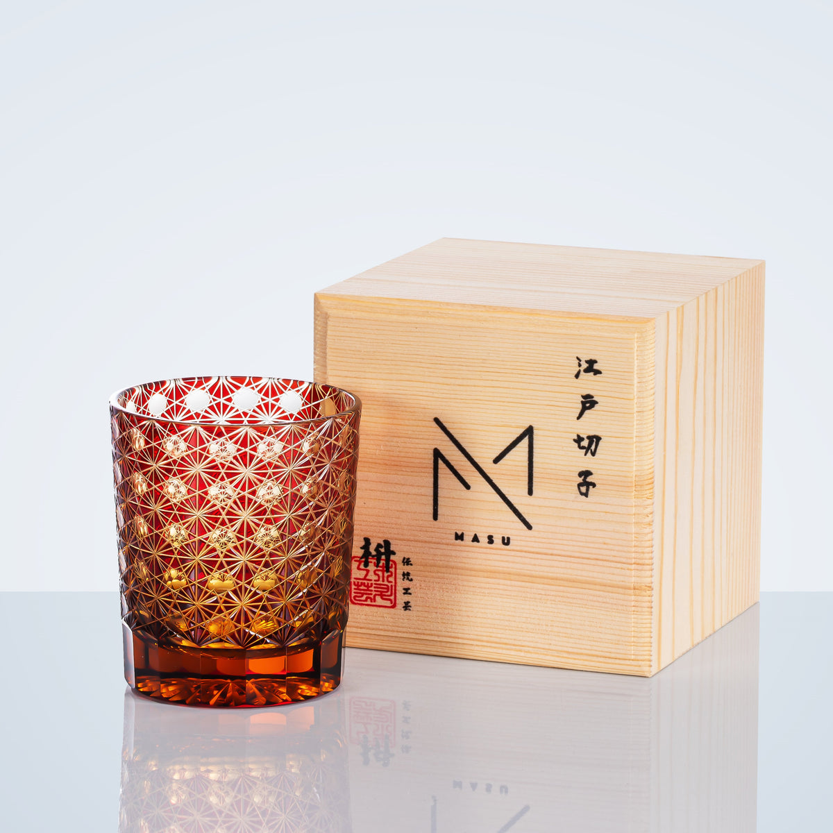 Whiskey Glass Edo Kiriko Star Chrysanthemum – Hand-Cut Japanese Tumbler with Wooden Box | Blue Amber & Red Amber