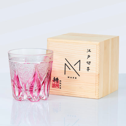 Whiskey Glass Edo Kiriko Handcrafted Crimson Flame Gold-Infused with Wooden Gift Box