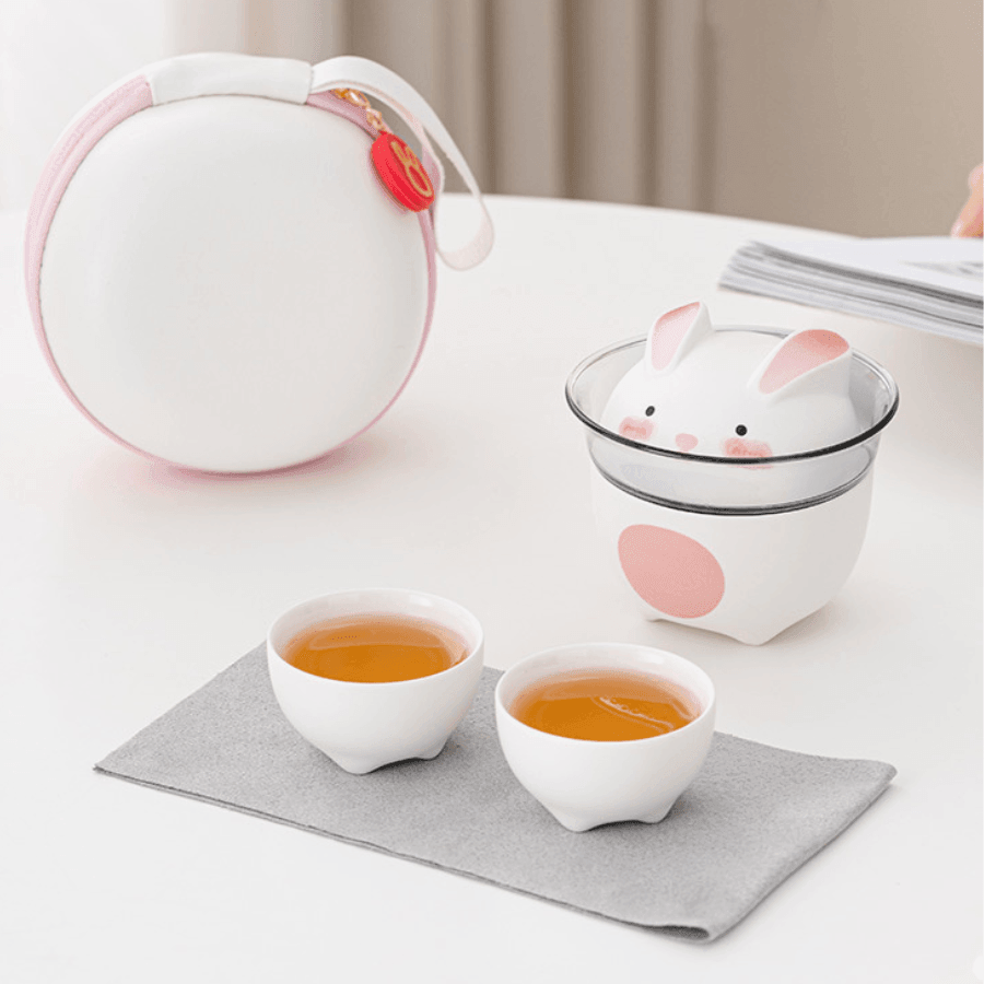 Tea Set Ceramic Bunny Teapot & Cups with Leather Carrying Case – Cute Gift Set