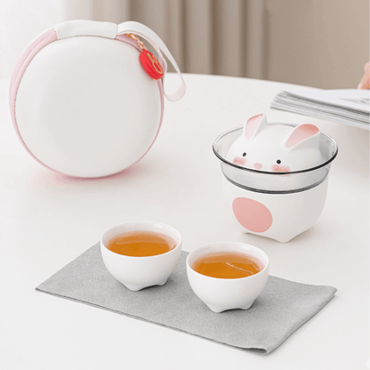 Tea Set Ceramic Bunny Teapot & Cups with Leather Carrying Case – Cute Gift Set