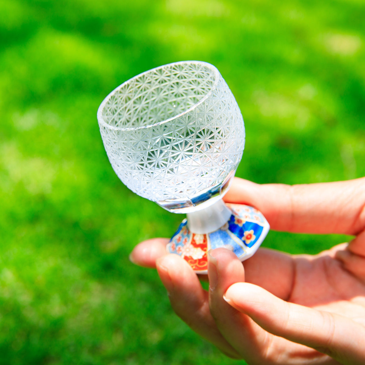 Sake Goblet Glass Edo Kiriko Kazaridai Hand-Cut Crystal & Mino Ware Porcelain Base | Japanese Artisan