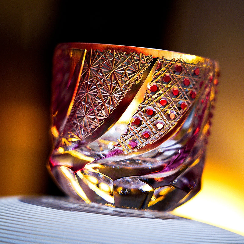 Whiskey Glass Rose Koi | Edo Kiriko Handcrafted Red Crystal Barware