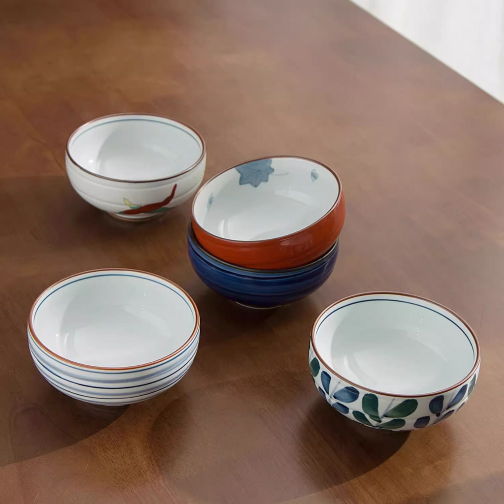 Bowl Set Arita Ware Shikayama Hand-Painted Japanese Ceramic Rice Bowl Set of 5 Wooden Box Made in Japan