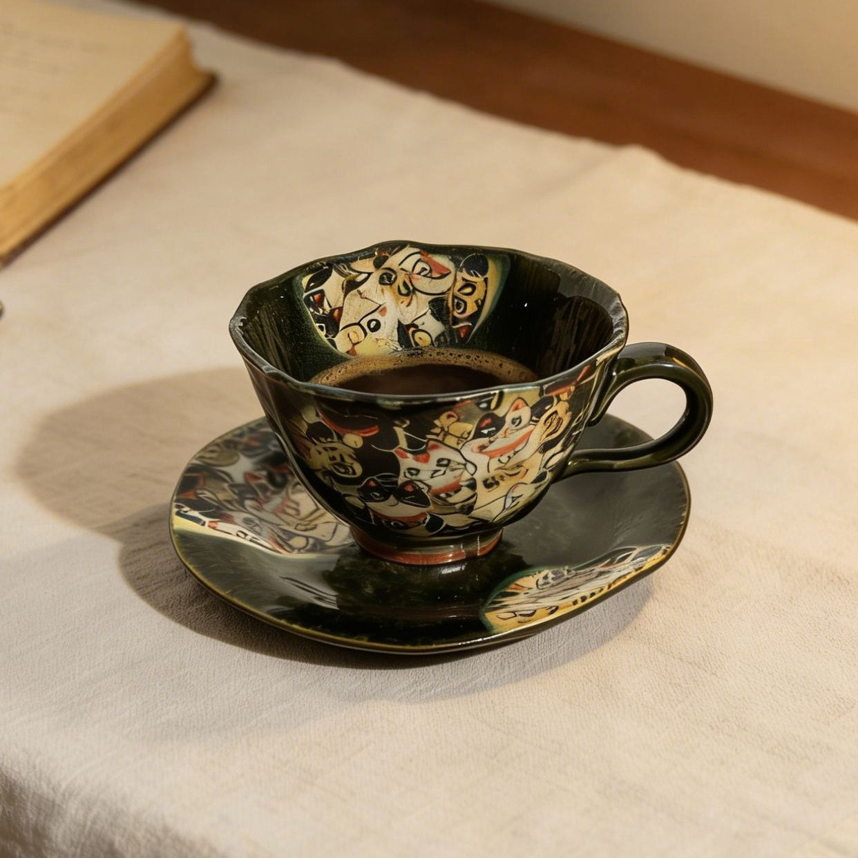 Coffee Cup & Saucer Set – Mino Ware Lucky Cat Oribe Green