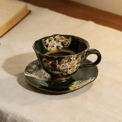 Coffee Cup & Saucer Set – Mino Ware Lucky Cat Oribe Green